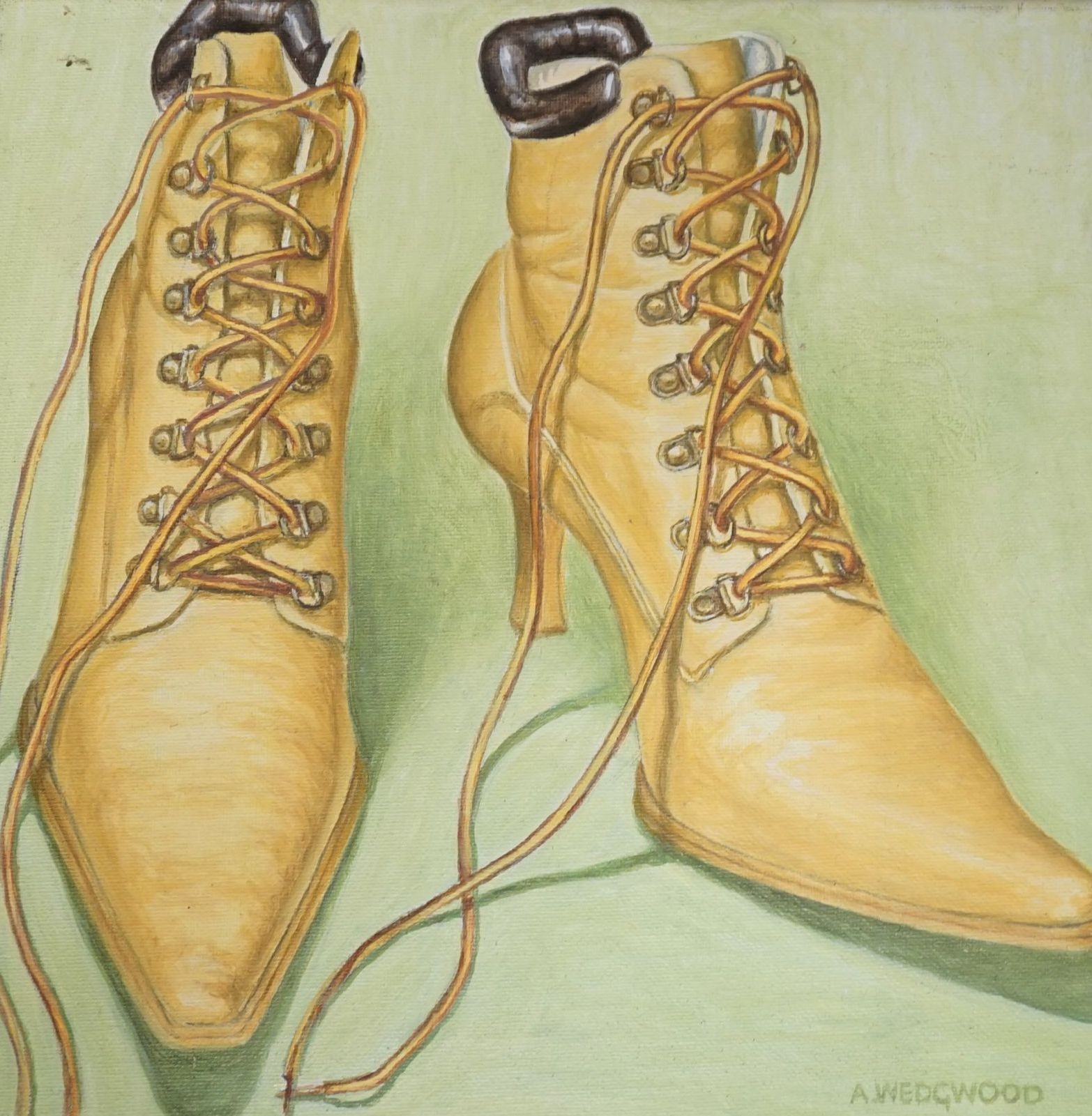 Adam Wedgwood (b.1962), oil on canvas, 'Yellow lace up ankle boots', signed, 30 x 30cm